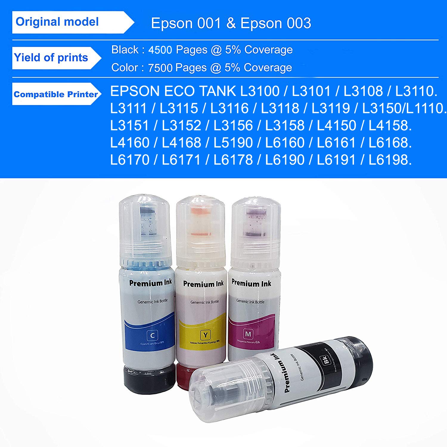 JIMIGO COMPATIBLE REFILL INK FOR EPSON ECO TANK PRINTER L3100, L3101 ...