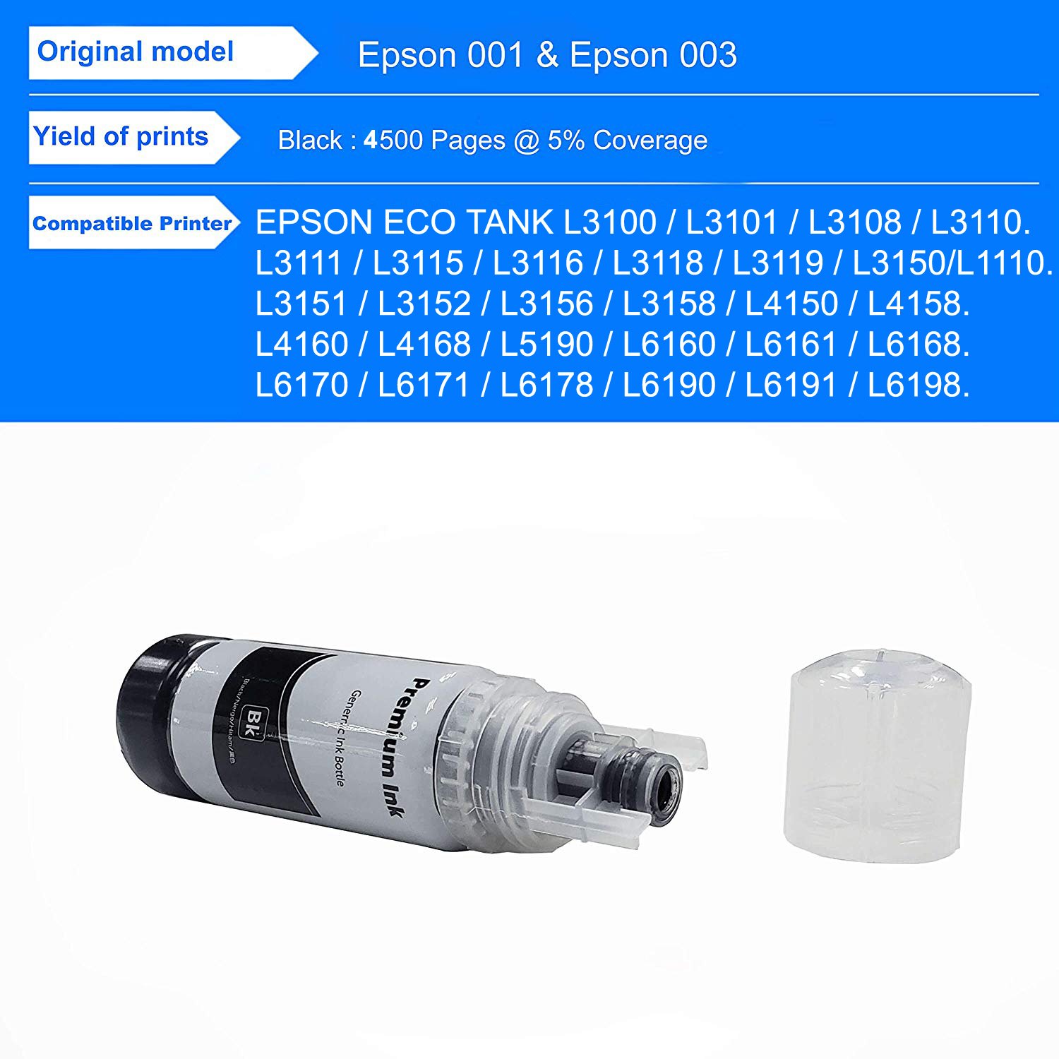 JIMIGO 003 Compatible Refill Ink for Epson L3150, L3110, L3250, l3210, L3252, L3150, L3116, L3101,L3215, L3216, L3151, L3152, L3156, L5190 Printer Black Ink (1 Pcs X 70 ML)