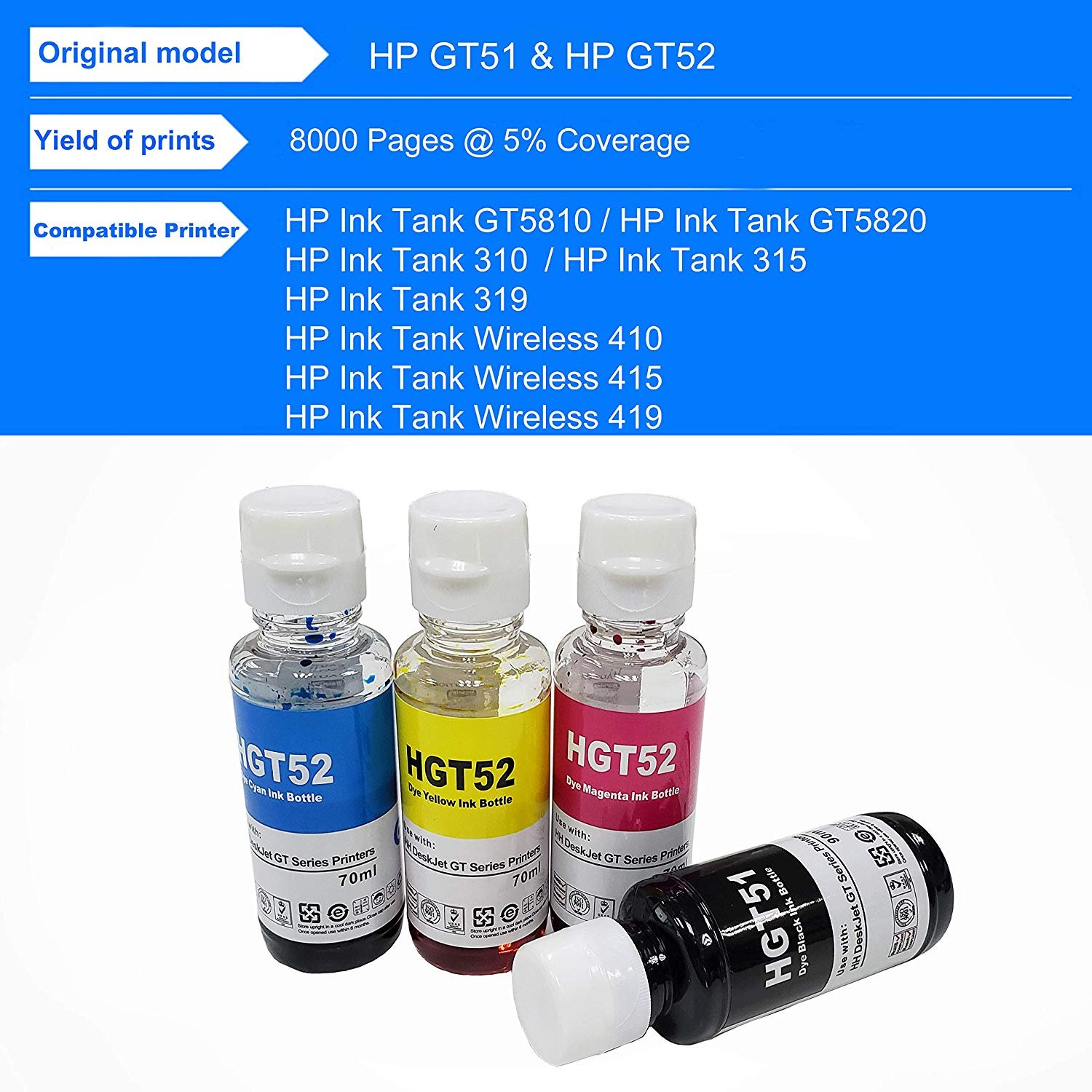 JIMIGO GT51 GT52 Compatible Refill Ink for HP Ink Tank Printer 115,310,315,316,319,410,415,419,500,515,516,530,675,720,GT5810,GT5820,GT5811,GT5821 (4 COLOR)