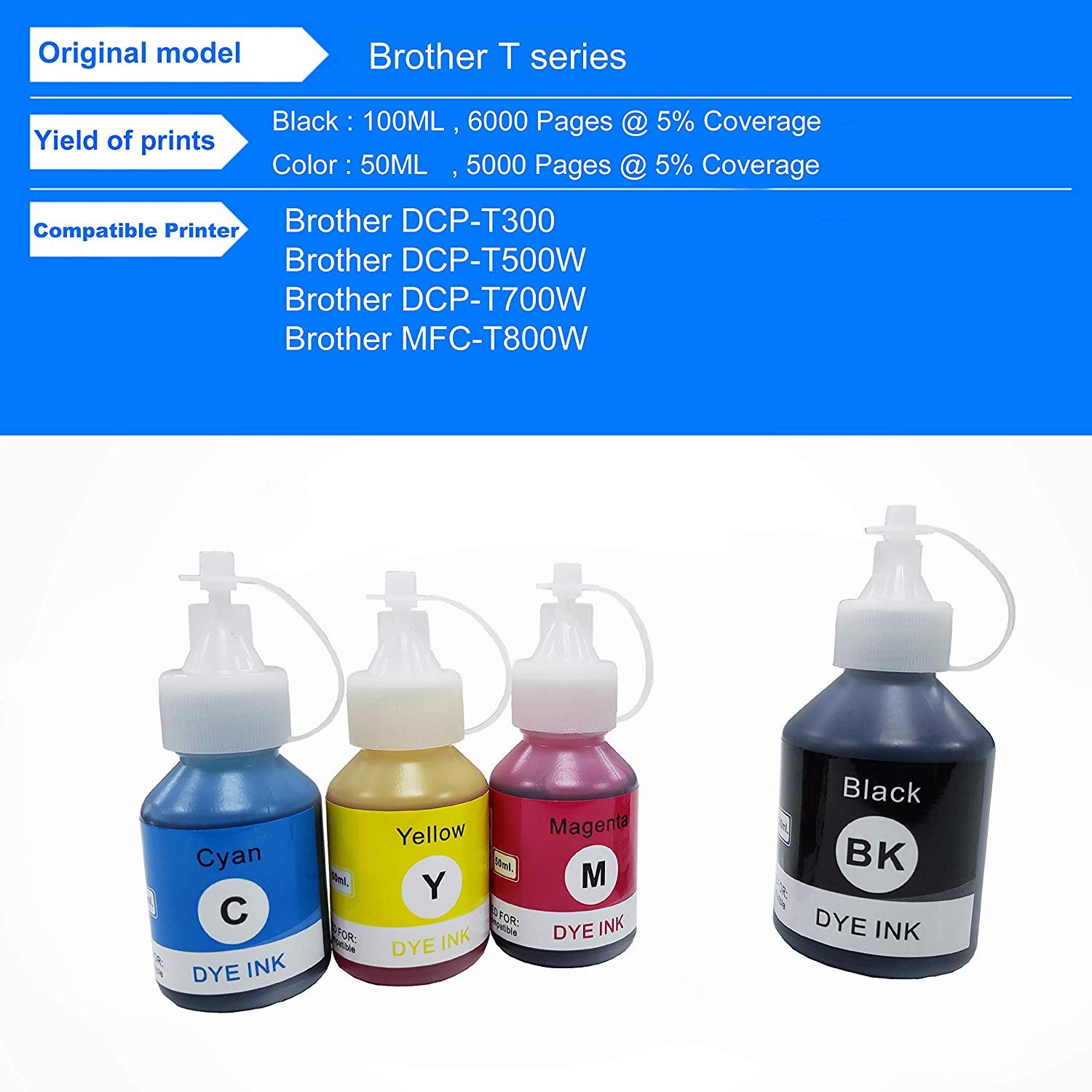 JIMIGO Ink Refill for Brother T Series BT6000BK / BT5000 Compatible DCP-T300,T310W,T500W,T510W, T700W, T710W, MFC-T800W, T810W, T900W,T910DW (4 Color)