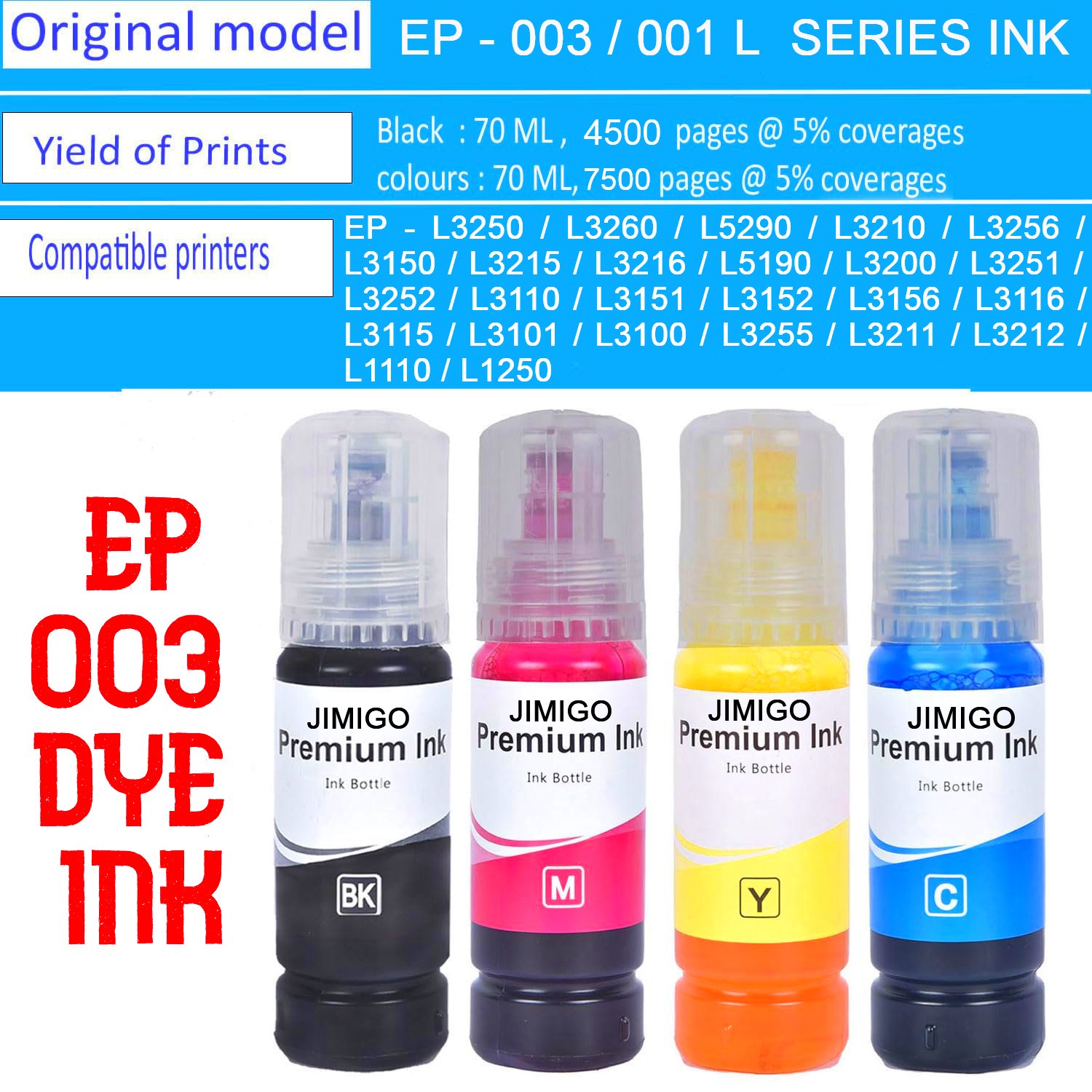 JIMIGO Compatible Refill Ink Bottle for Epson L3110, L3150, L3250, L3252 L3115, L3116, L3101, L3210, L3215, L3216, L3151, L3152, L3156 Printers Ink | Leak-Proof, Color Set Box of 4